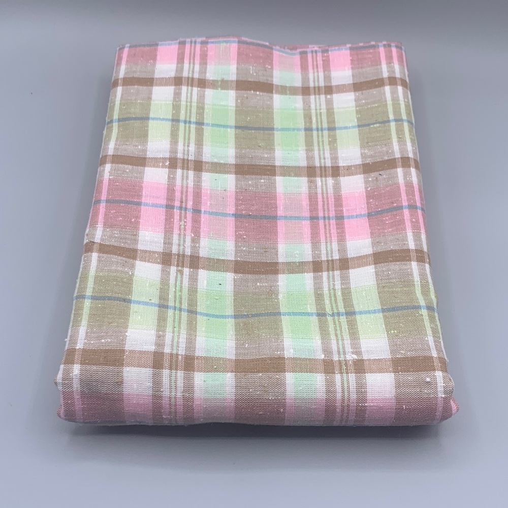 Pink Blue Green Brown Plaid Slub Natural Textured Linen Fabric